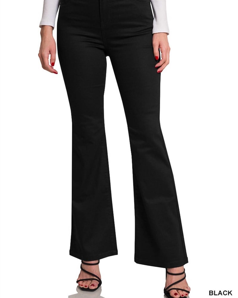 Front of a model wearing a size 3XL Bootcut High Rise Stretch Denim Pant in Black in Black by Zenana. | dia_product_style_image_id:325904